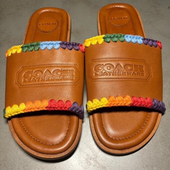Coach Men's Pride Burnished Amber Leather Crochet Trimmed Slides, Size 10 - Picture 1 of 8